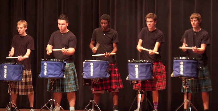 5 Teens Perform A Scottish Drumline Routine At High School Talent Show