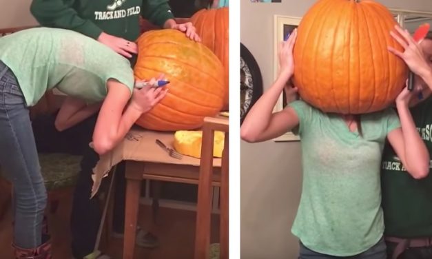 Instant Regret. Girl Tries to Wear a Pumpkin, Mom Records the Hilarious Process